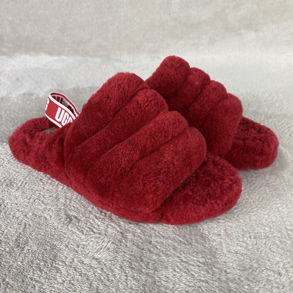 UGG Fluff Yeah Slide Slippers Girls 5 Woman 6 Red Sheepskin Slingback